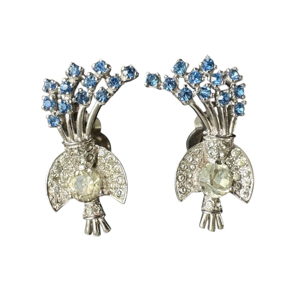 Pennino Clip On Earrings Ear Climber Flower Spray Silver Blue Rhinestones Signed